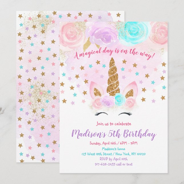 Unicorn Birthday Invitation Pink Gold Magical (Front/Back)