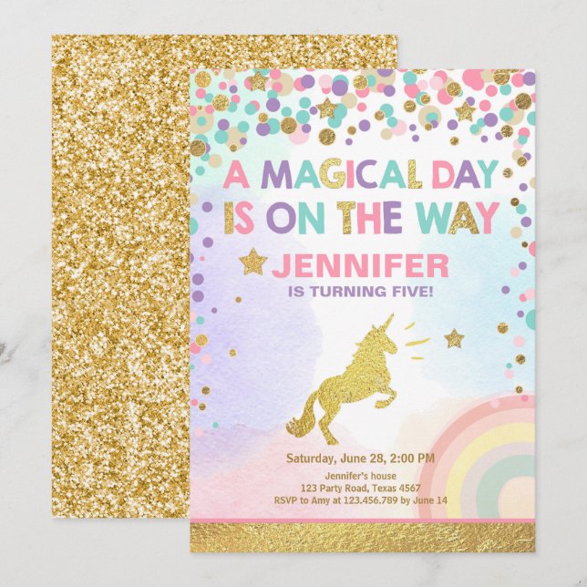 Unicorn Birthday Invitation Pink Gold Magical (Front/Back)