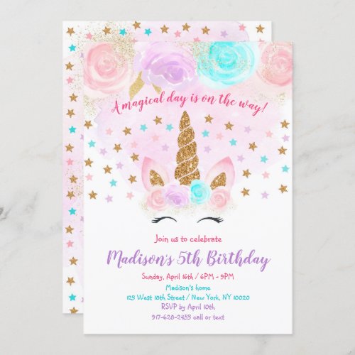 Unicorn Birthday Invitation Pink Gold Magical