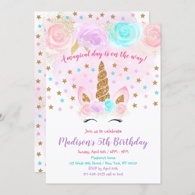 Unicorn Birthday Invitation Pink Gold Magical (Front/Back)