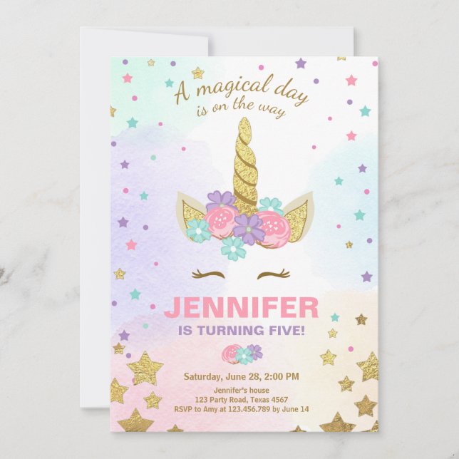 Unicorn Birthday Invitation Pink Gold Magical (Front)