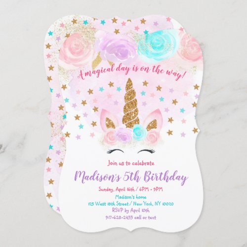 Unicorn Birthday Invitation Pink Gold Magical