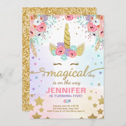 Unicorn Birthday Invitation Pink Gold Magical