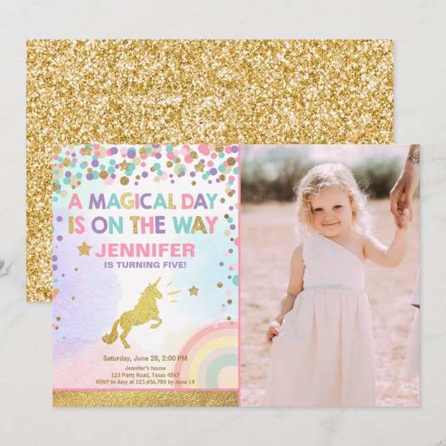 Unicorn Birthday Invitation Pink Gold Magical (Front/Back)