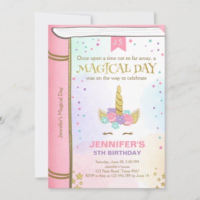 Unicorn Birthday Invitation Pink Gold Magical Book (Front)