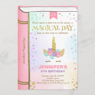 Unicorn Birthday Invitation Pink Gold Magical Book
