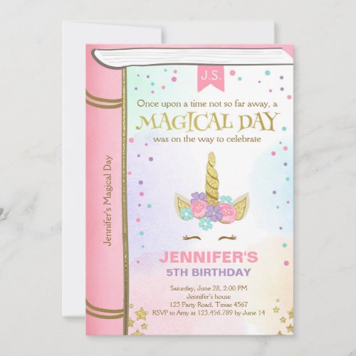 Unicorn Birthday Invitation Pink Gold Magical Book