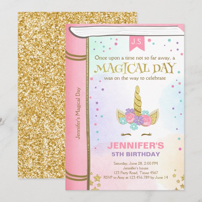Unicorn Birthday Invitation Pink Gold Magical Book (Front/Back)