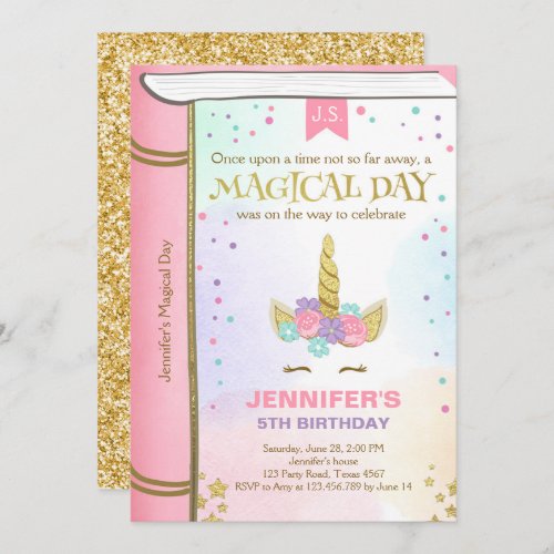 Unicorn Birthday Invitation Pink Gold Magical Book