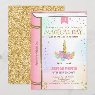 Unicorn Birthday Invitation Pink Gold Magical Book
