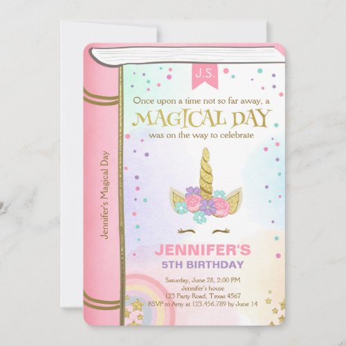 Unicorn Birthday Invitation Pink Gold Magical Book