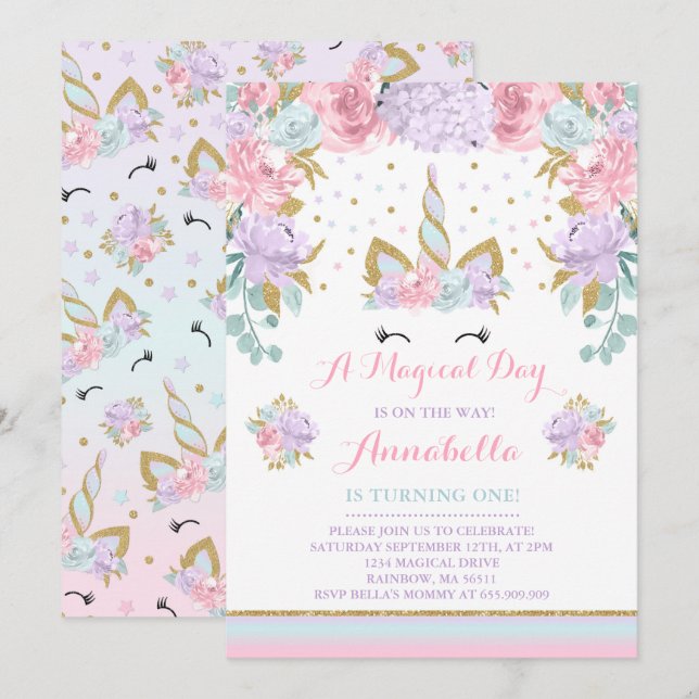 Unicorn Birthday Invitation Pink Gold Unicorn (Front/Back)