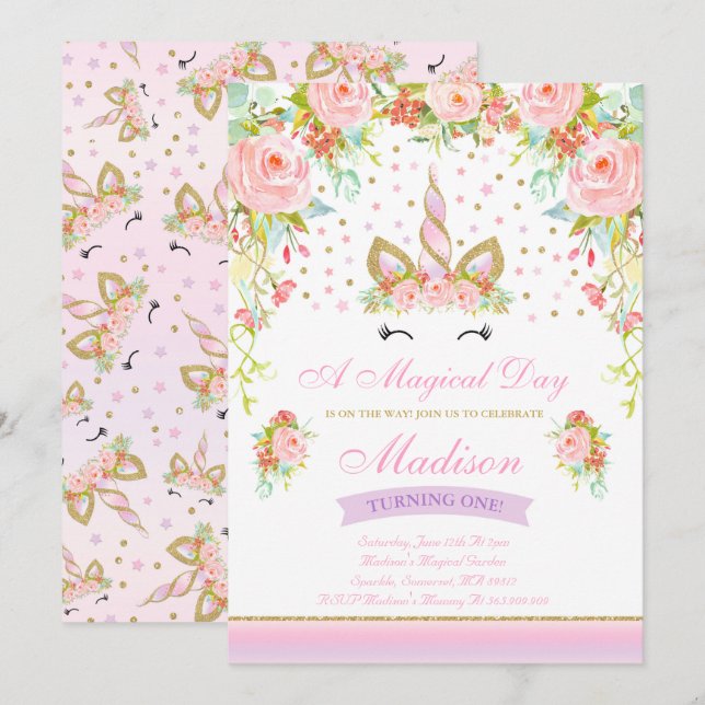 Unicorn Birthday Invitation Pink Gold Unicorn (Front/Back)
