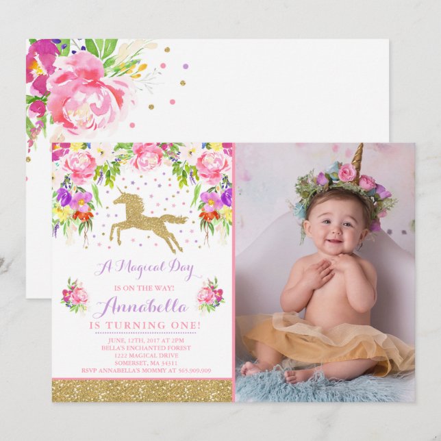 Unicorn Birthday Invitation Pink Gold Unicorn (Front/Back)
