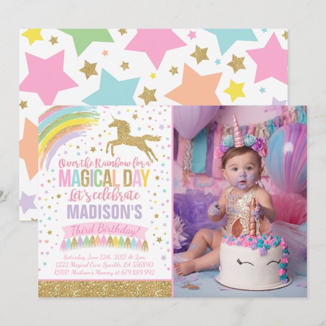 Unicorn Birthday Invitation Pink Gold Unicorn (Front/Back)