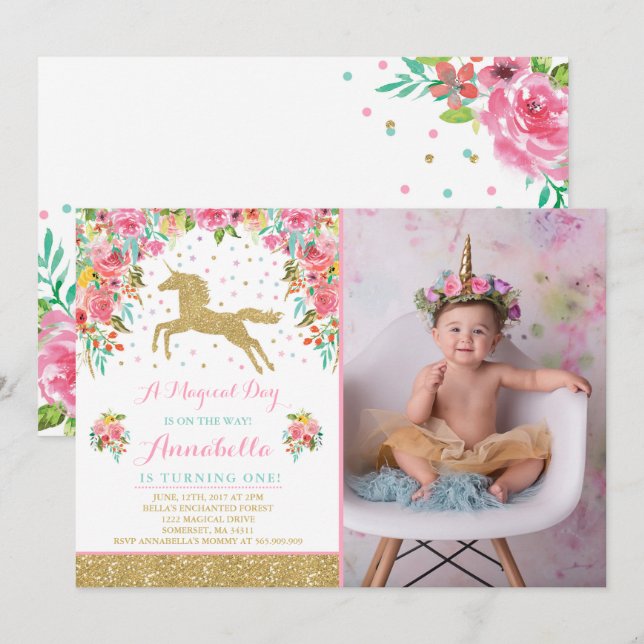Unicorn Birthday Invitation Pink Gold Unicorn (Front/Back)