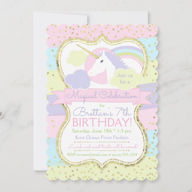 Unicorn Birthday Invitation Pink Purple Gold (Front)