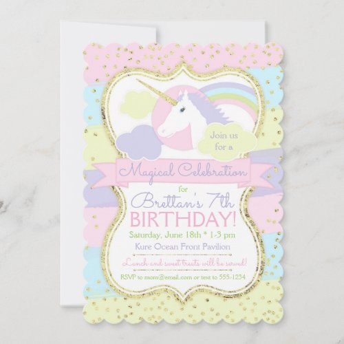 Unicorn Birthday Invitation Pink Purple Gold