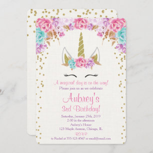 Unicorn birthday invitation, pink purple gold invitation