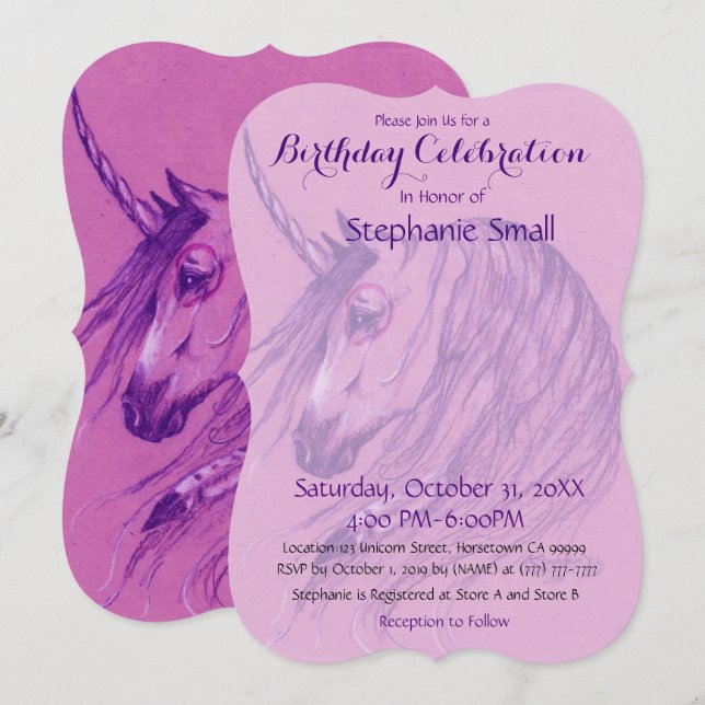 Unicorn Birthday Invitation Pink Purple native ame (Front/Back)