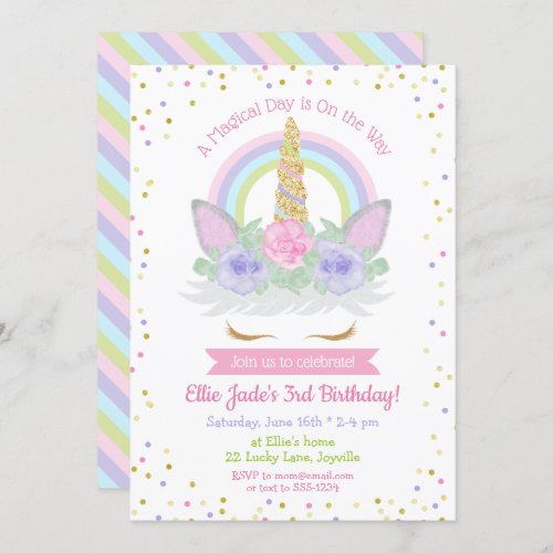 Unicorn Birthday Invitation Pink  Purple Rainbow