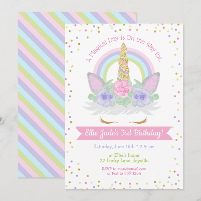 Unicorn Birthday Invitation Pink & Purple Rainbow (Front/Back)