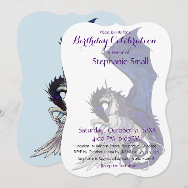Unicorn Birthday Invitation Purple Blue Dragon (Front/Back)