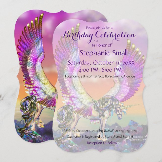 Unicorn Birthday Invitation Purple Blue Pink Horse (Front/Back)