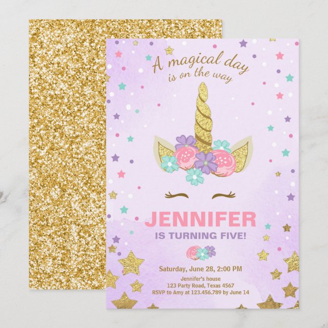 Unicorn Birthday Invitation Purple Gold Magical (Front/Back)