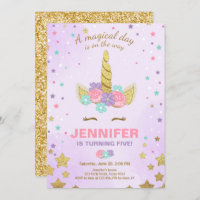 Unicorn Birthday Invitation Purple Gold Magical