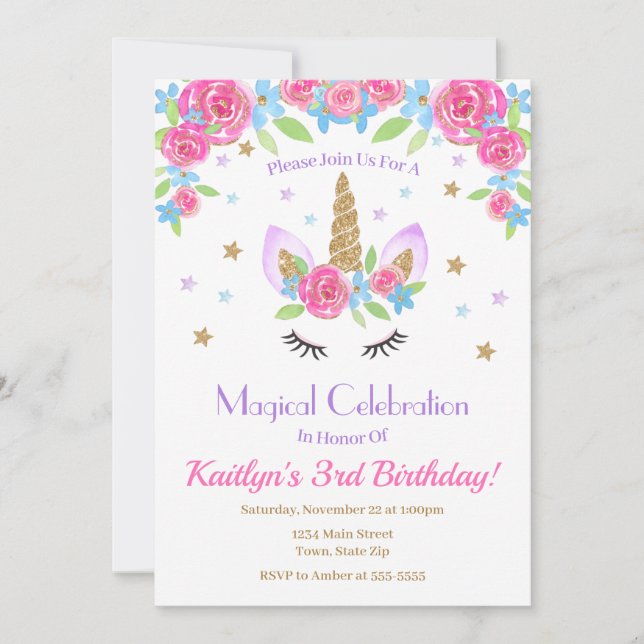 Unicorn Birthday Invitation, Rainbow Glitter Girl Invitation (Front)