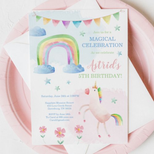 Unicorn Birthday Invitation Rainbow Invitation