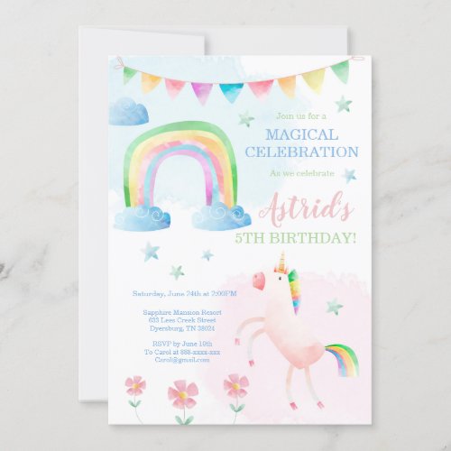 Unicorn Birthday Invitation Rainbow Invitation