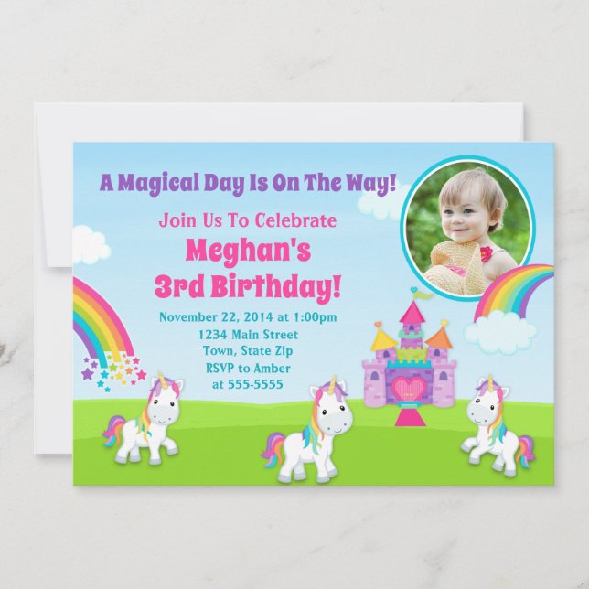 Unicorn Birthday Invitation Rainbow Unicorn Girl (Front)