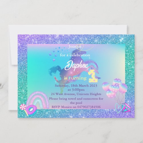 Unicorn Birthday Invitation turning 1 invitation