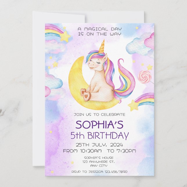 Unicorn Birthday Invitation, Unicorn Party Invitation (Front)