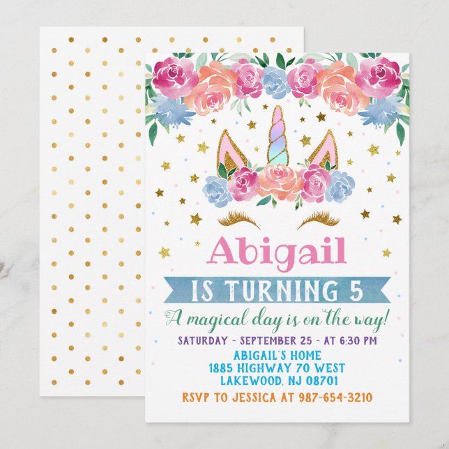Unicorn Birthday Invitation, Unicorn party invite (Front/Back)