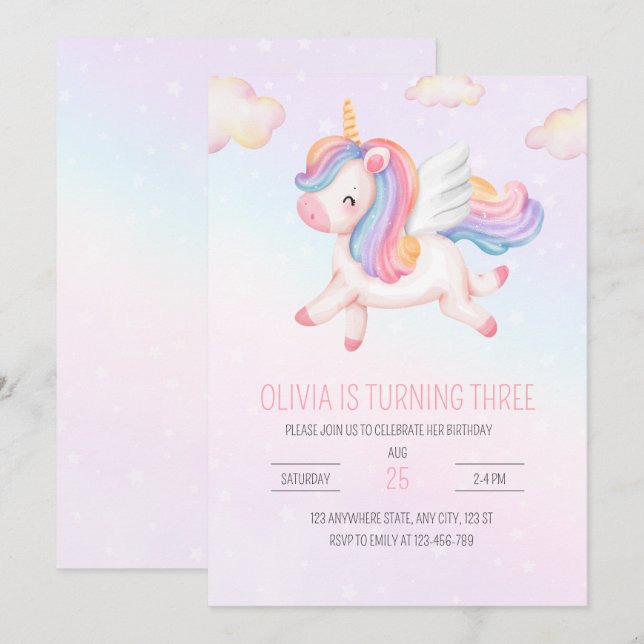 Unicorn Birthday Invitation, Unicorn Rainbow Party Invitation (Front/Back)