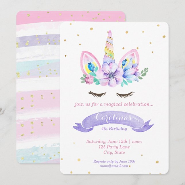 Unicorn Birthday Invitation - Watercolor (Front/Back)