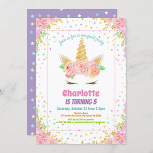 Unicorn birthday invitation. Watercolor floral Invitation