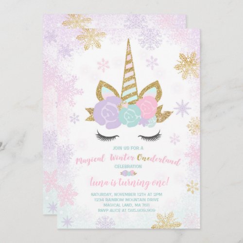 Unicorn Birthday Invitation Winter Unicorn Party