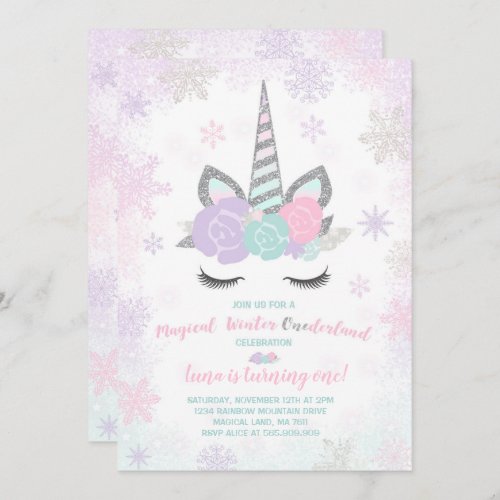 Unicorn Birthday Invitation Winter Unicorn Party