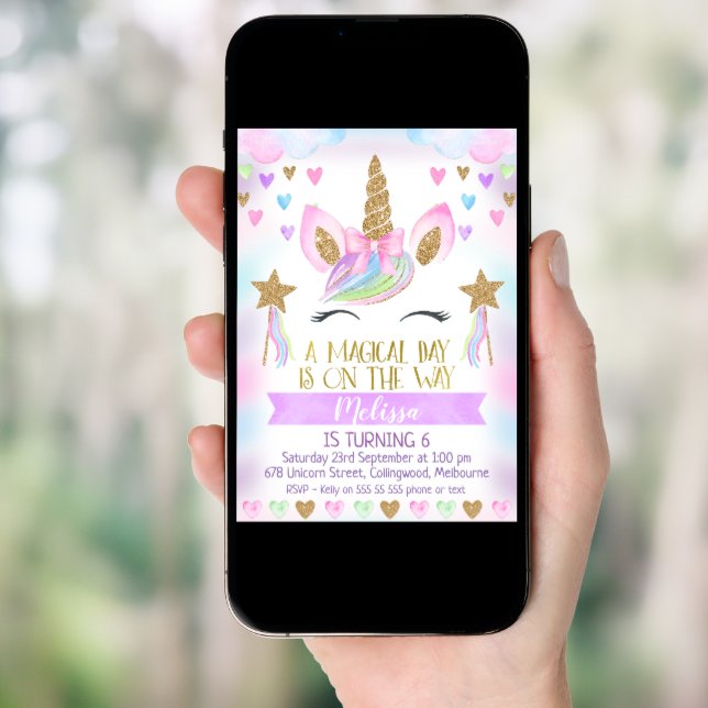 Unicorn Birthday Invitation With Glitter (Front Digital)
