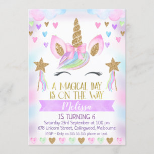 Unicorn Birthday Invitation With Glitter