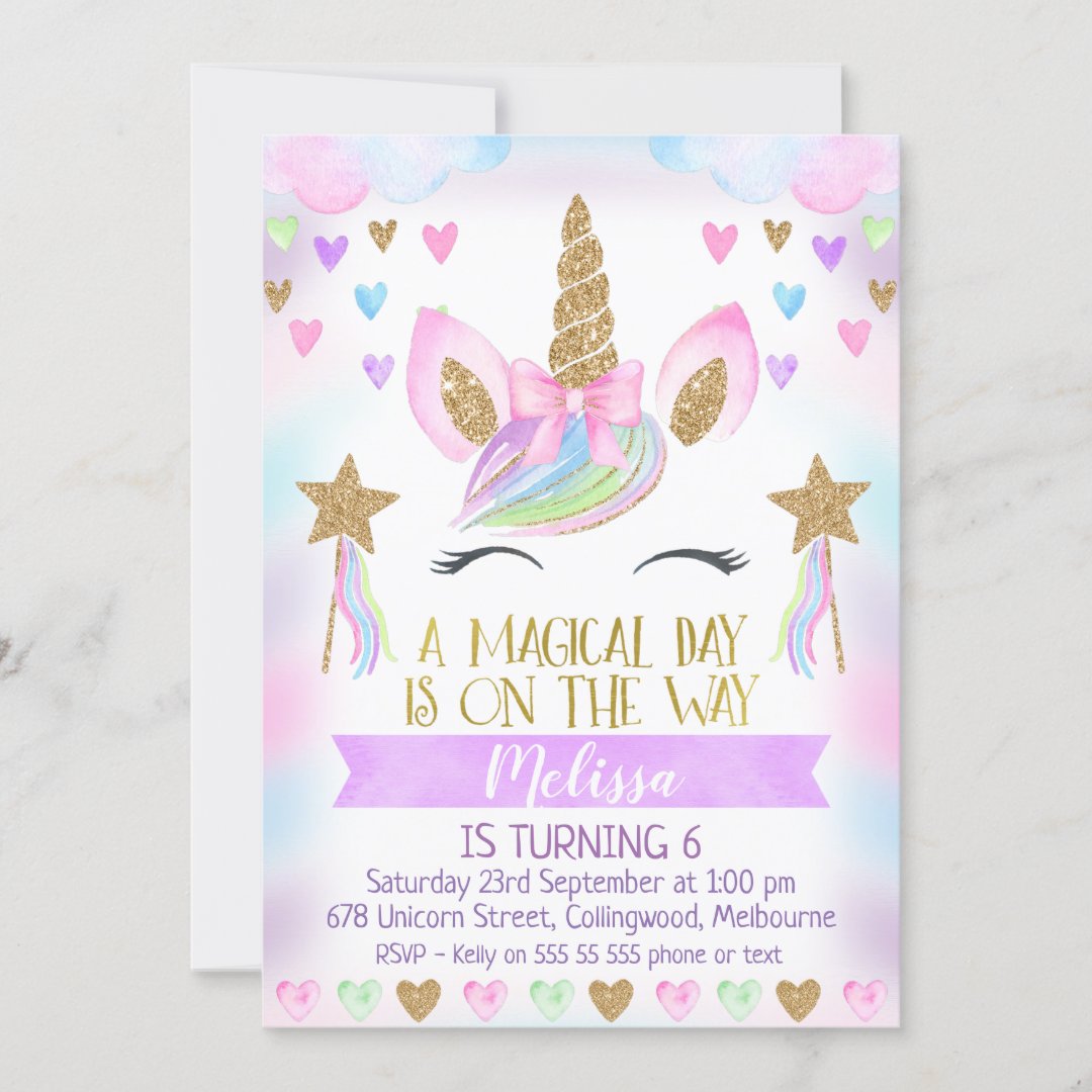 Unicorn Birthday Invitation With Glitter | Zazzle