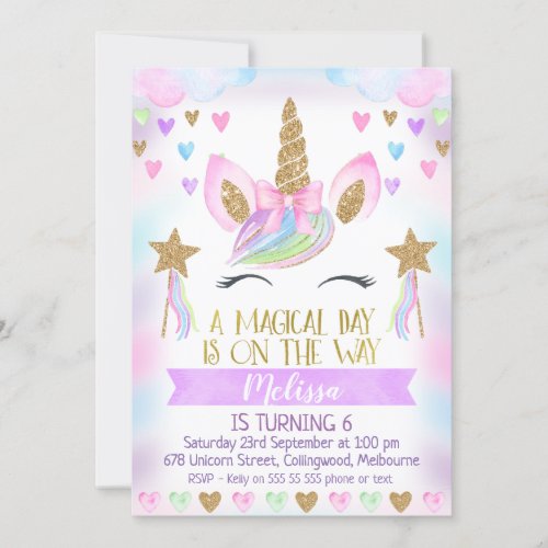 Unicorn Birthday Invitation With Glitter