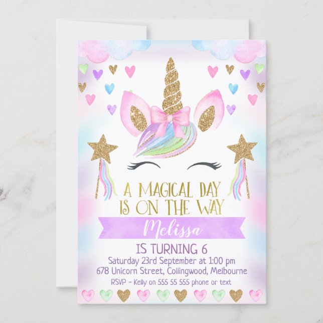 Unicorn Birthday Invitation With Glitter (Front)