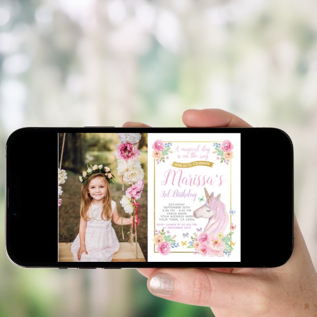 Unicorn Birthday Invitation with Photo (Front Digital)
