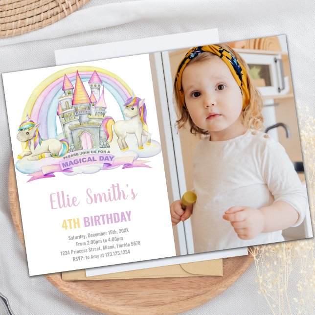 Unicorn Birthday Invitation with Photo (Castle Under Rainbow Unicorn Birthday photo Invitation)