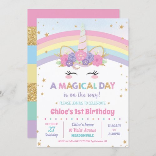 Unicorn Birthday Invitations Rainbow Girl